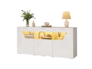 Buffet de rangement 160x38x78 cm, éclairage led, 3 portes, éléments vitrés, grand rangement pour salon et salle à manger - blanc