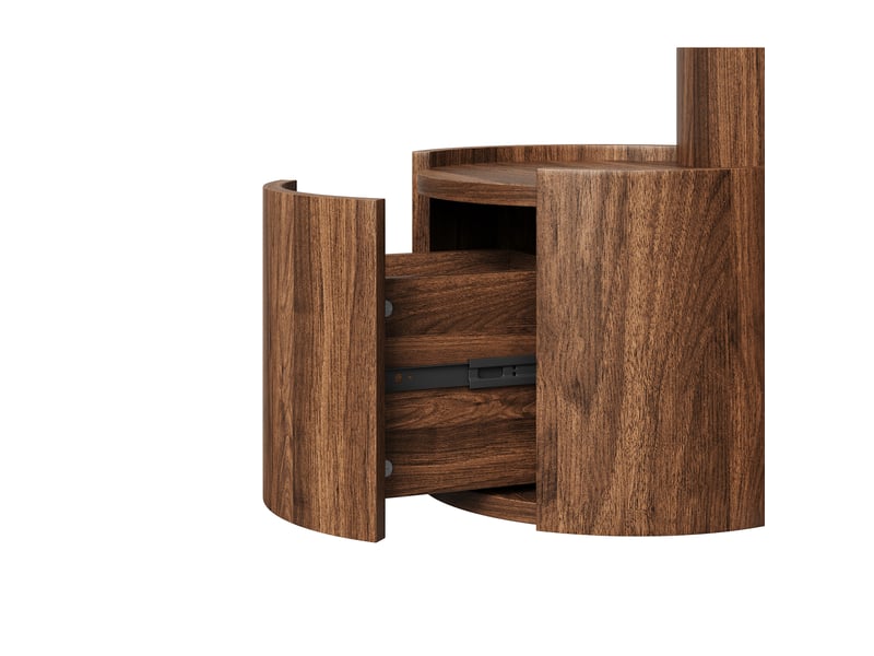 Table basse ronde avec portes incurvées, tiroirs et plateaux de rangement en panneau de particules pour salon, noyer  - Conforama E