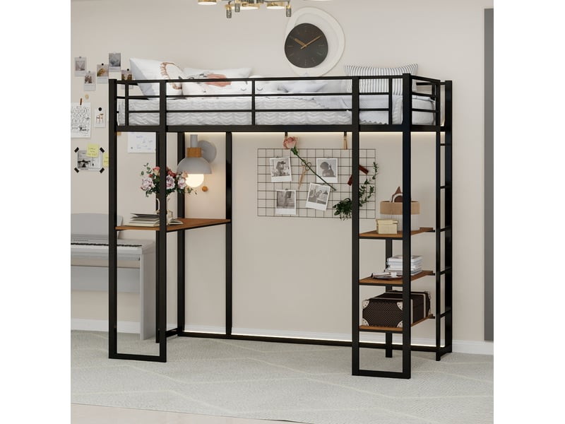  Lit mezzanine 90x190 cm avec bureau et garde-corps métal noir sans matelas  - Conforama B