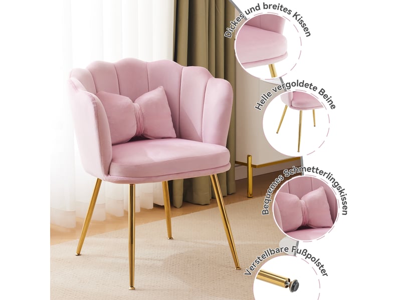  Fauteuil design en velours avec dossier pétale, coussin papillon et pieds métalliques dorés, rose  - Conforama D