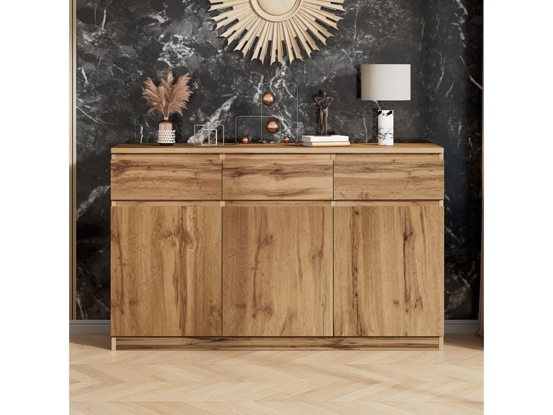  Buffet en bois avec 3 portes et 3 tiroirs, bahut pour salon ou salle à manger, finition bois naturel et poignées dissimulées  - Conforama B