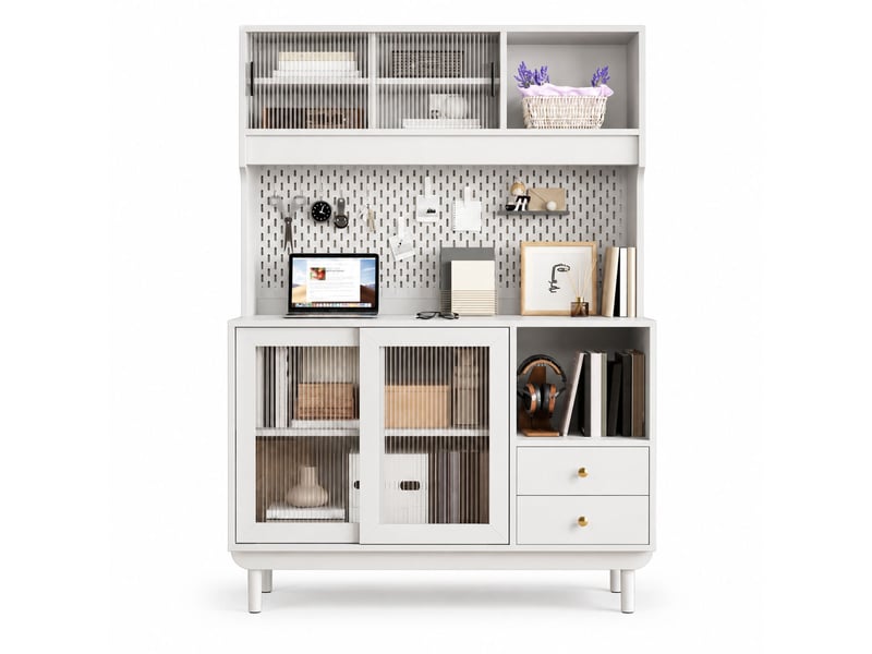  Buffet haut cuisine 117x30x170 cm avec portes vitrées rainurées, panneaux perforés, tiroirs et rangements ouverts, meuble rangement mdf-blanc  - Conforama A