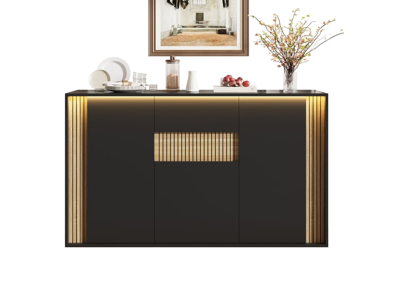  Sideboard 140cm noir et bois naturel - meuble de rangement avec 3 portes, 1 tiroir et éclairage led  - Conforama A