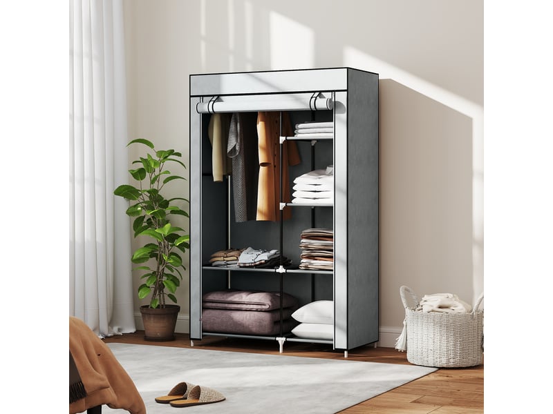  Armoire portable en tissu non tissé avec 6 étagères ouvertes et cintres, 103 x 43 x 162,5 cm, grise  - Conforama C