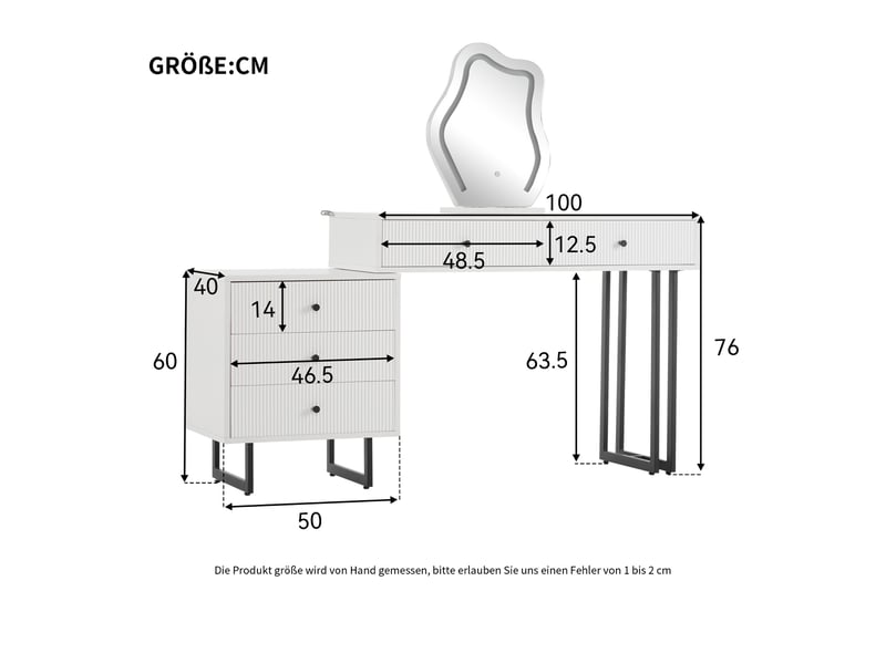Coiffeuse avec miroir led, plateau extensible, éclairage 3 couleurs, blanc 100 cm - Conforama C