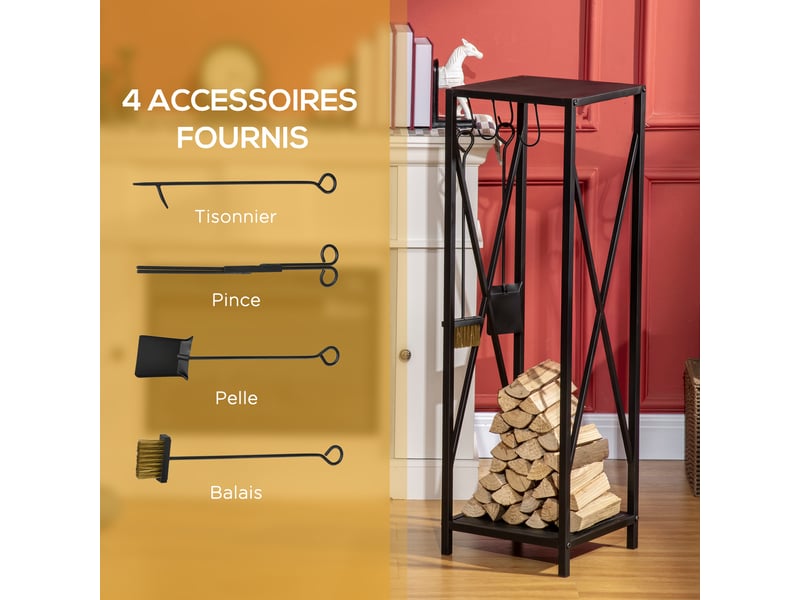  Serviteur de cheminée avec range-bûches, colonne en métal noir, 34 x 34 x 111 cm  - Conforama R