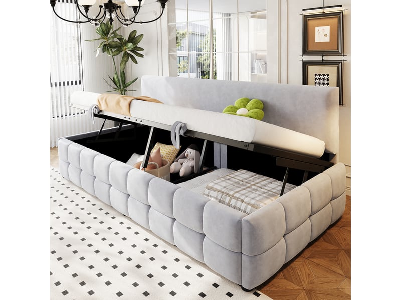  Lit capitonné 90*200 cm gris clair avec coffre hydraulique, dossier sans accoudoirs, velours  - Conforama E