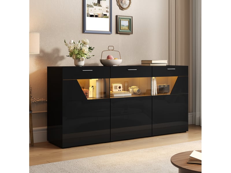  Buffet 160x38x78 cm avec led contrôlable par application, panneaux de particules noir  - Conforama D