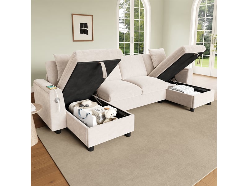 Canapé en u beige 4 places en chenille avec deux méridiennes, coffre de rangement et ports usb et usb-c, 279 x 135 x 84 cm - Conforama W