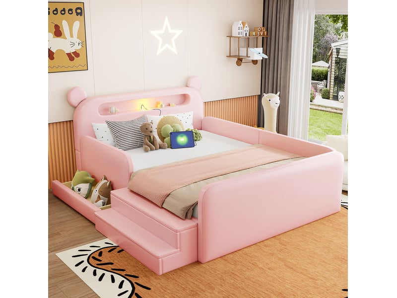  Lit enfant 140x200 cm rose en cuir régénéré, tête ours avec led, usb, tiroirs et assise, sans matelas  - Conforama B