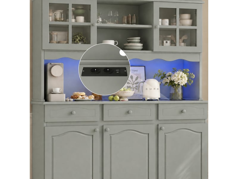  Buffet de cuisine 135 x 40 x 185 cm avec rangements, prises et led multicolore, panneau de particules gris  - Conforama R