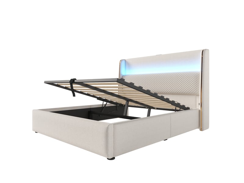  Lit double 140x200 cm tête haute relevable hydraulique led rangements usb-c toile beige sans matelas  - Conforama A
