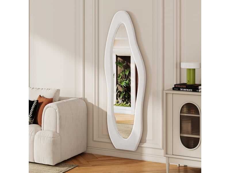 Miroir sur pied 160x50 cm blanc,miroir décoratif ,ondulé irrégulier,grand miroir mural avec cadre en flanelle - Conforama D