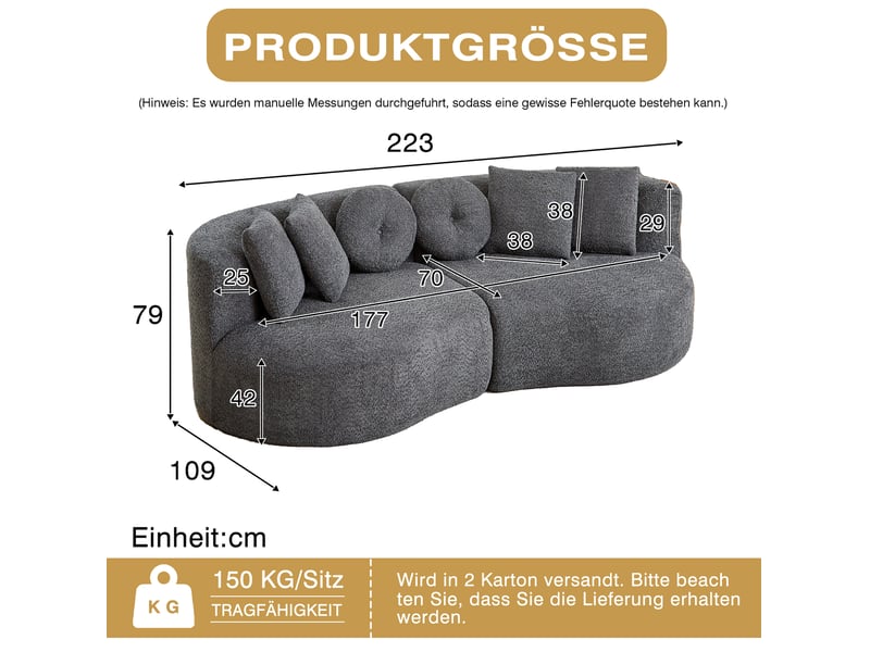  Canapé modulaire 2 pièces, en forme de noix de cajou, en chenille anthracite, sans accoudoirs, avec dossier continu et 6 coussins  - Conforama E