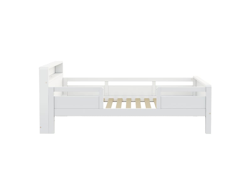 Lit 1 place 90x200 cm avec led, ports usb et type-c, tête de lit avec rangement et sommier, pin, blanc, sans matelas  - Conforama D