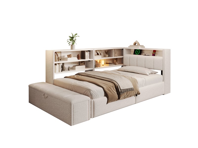  Canapé-lit coffre 90 x 200 cm - avec prise électrique - avec port usb - avec lumière led - tissu velours - blanc (matelas non inclus)  - Conforama A