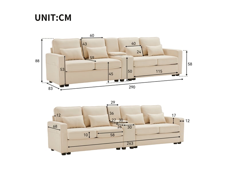  Canapé 4 places 290x83x88cm, poches de rangement, ports usb avec câbles, 2 portes-boissons et 4 coussins, lin beige  - Conforama C