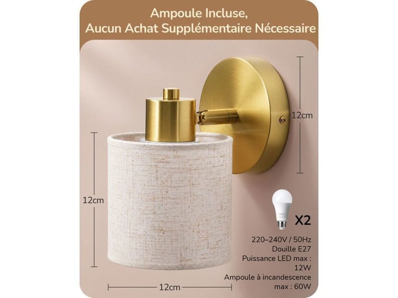  Applique murale led dimmable orientable lot de 2 avec télécommande lin e27 370618_AACSC60508_6_DROPFR - Conforama E