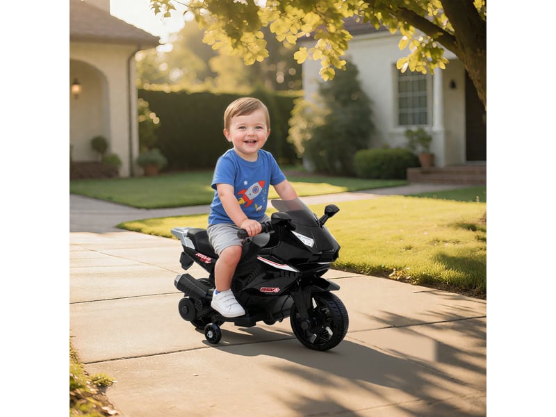 Moto électrique pour enfants, klaxon, phare, fonction musique, 2,5 kmh, noire - Conforama C