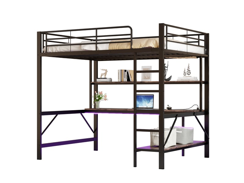  Lit mezzanine enfant 140x200 cm – noir – bureau avec étagères, led, usb et prise intégrés - sans matelas  - Conforama A