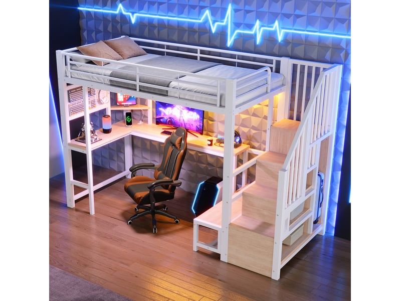  Lit mezzanine 90x200 cm avec bureau, rangements, led et usb-c blanc  - Conforama D