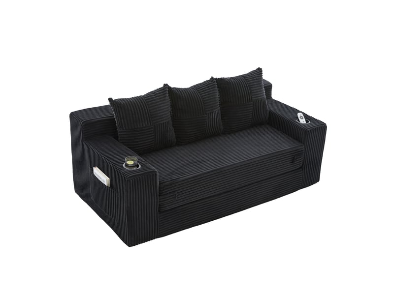  Canapé modulaire au sol convertible en coussins avec porte-gobelets et poches, en velours côtelé noir, 172 × 87 × 64 cm  - Conforama A