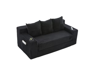Canapé modulaire au sol convertible en coussins avec porte-gobelets et poches, en velours côtelé noir, 172 × 87 × 64 cm