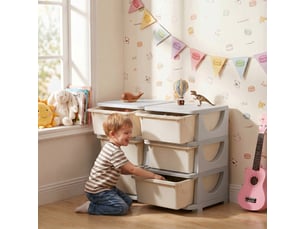 Organisateur de jouets pour enfants à 3 niveaux avec 6 tiroirs, boîtes de rangement en plastique, 75x37x56,5cm, crème