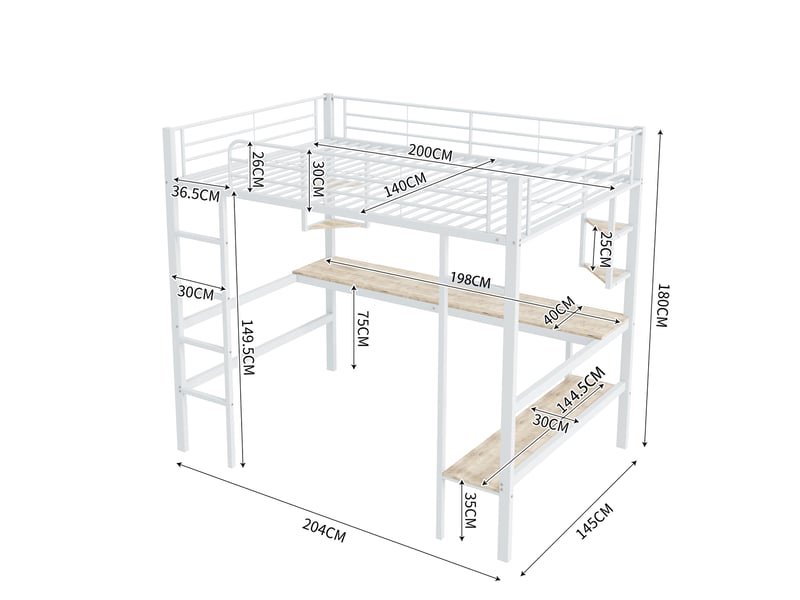  Lit mezzanine 140x200 cm avec étagères, structure acier, sommier, protection, métal + mdf, blanc, sans matelas  - Conforama C