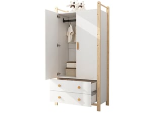 Armoire 2 portes avec penderie et 2 tiroirs, meuble de chambre blanc et bois naturel, 90x45x180 cm