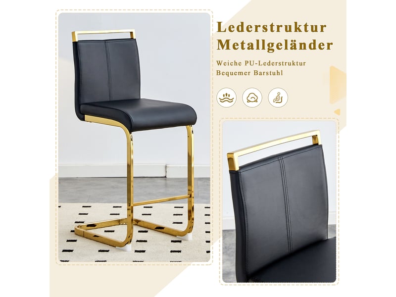  Tabourets de bar lot de 2 avec repose-pieds - lpospi - dossier haut, assise 63,5 cm, métal, pu - noir et doré  - Conforama E