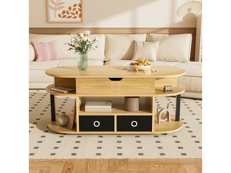 Table basse 105x50x4560 cm, plateau relevable, rangement caché, tiroirs en tissu noir, panneaux de particules, effet bois et noir OMNIGLINT TRADING LTD - Conforama D