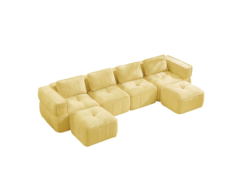  Canapé modulable en u 4 places avec 2 poufs, en polyester jaune  - Conforama E