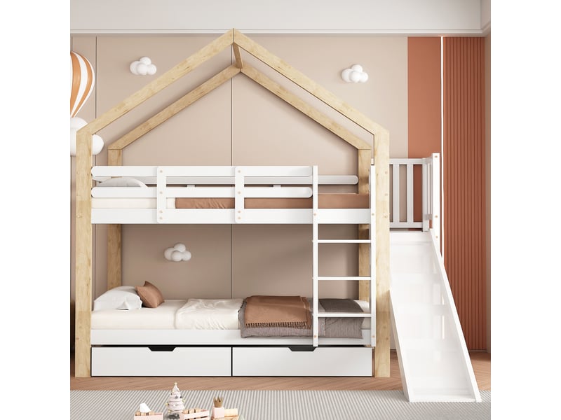 Lit superposé enfant cabane avec toboggan et 2 tiroirs bois massif blanc naturel 90x200 - Conforama R