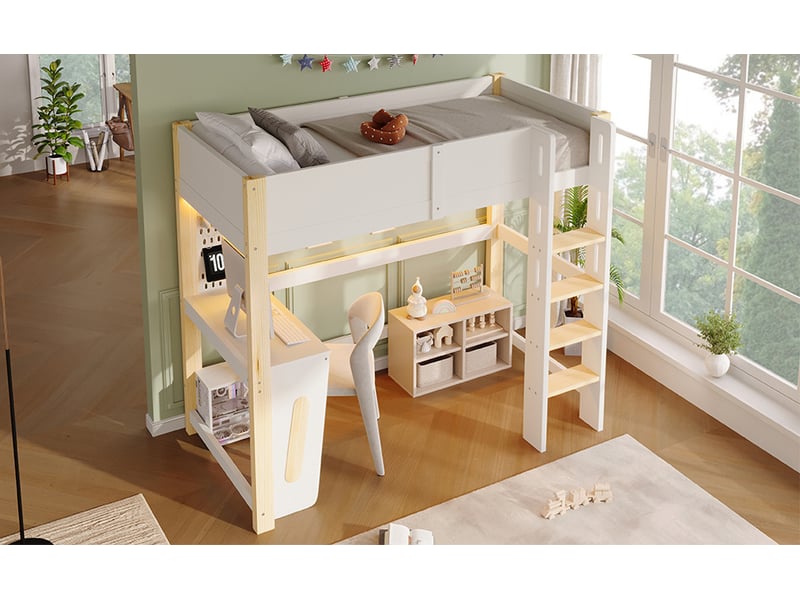  Lit mezzanine 90x200 cm, avec bureau et panneau perforé, led, en bois, naturel et blanc, sans matelas  - Conforama D