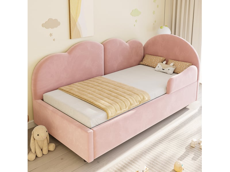  Couchage gigogne enfant, 90x200 cm, avec tête de lit inspirée d’un nuage, matelas non inclus, velours, coloris rose  - Conforama D