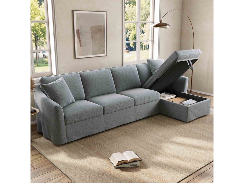  Canapé d’angle en l 4 places 274x128,5x83 cm avec coffre méridienne, housses amovibles lavables, tissu effet lin - lin-gris  - Conforama E