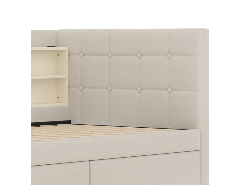  Lit de repos, 90 x 200 cm, avec 2 tiroirs, multiples espaces de rangement, sommier à lattes, revêtement en lin, beige  - Conforama E