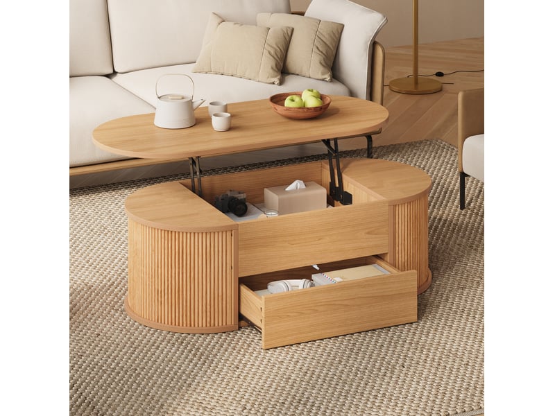  Table basse ovale 100x50x35 cm à plateau relevable avec tiroir, finition bois clair  - Conforama C