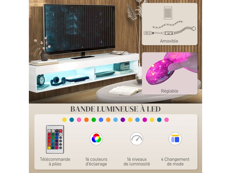  Meuble tv suspendu mural avec éclairage led pour téléviseurs jusqu'à 75 pouces, 180l x 40l x 30h cm, étagères, blanc  - Conforama E