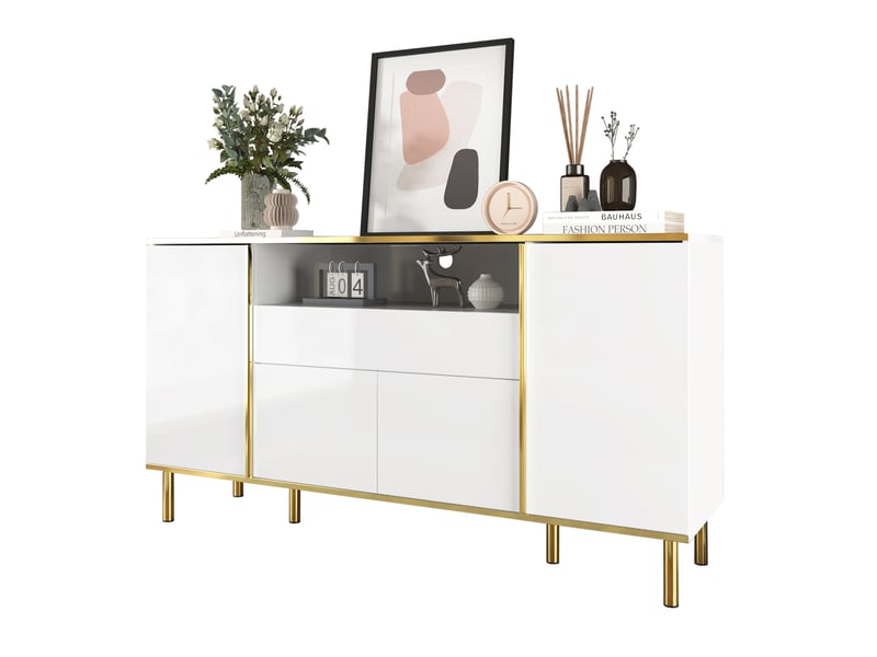 Buffet 4 portes avec led, 150x40x80 cm, blanc brillant et doré - Conforama A
