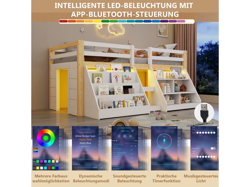  Lit mezzanine enfant 90x200cm en pin avec compartiments ouverts et led,lit superposé simple avec échelle et barrières de sécurité,sans matelas-blanc+naturel  - Conforama D