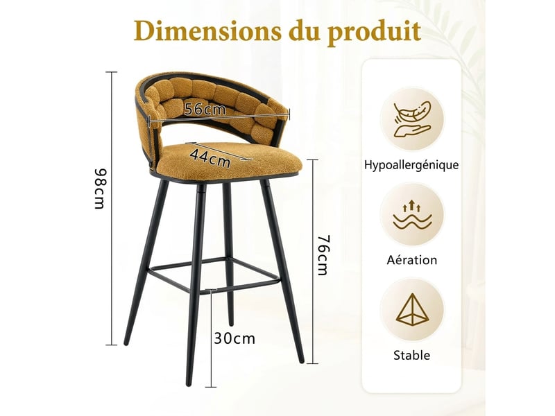 Lot de 2 tabourets de bar velours jaune avec dossier tressé et pieds en métal noir, hauteur 98.5 cm - Conforama C