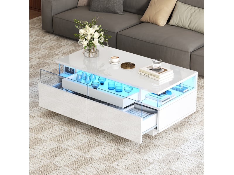  Table basse 90x45x35,5cm plateau amovible 2 tiroirs acrylique verre trempé led pilotable panneau de particules blanc  - Conforama D