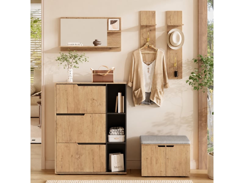  Ensemble meuble d'entrée 150x35x161,5 cm avec miroir, vestiaire effet bois et noir et banc rembourré  - Conforama B