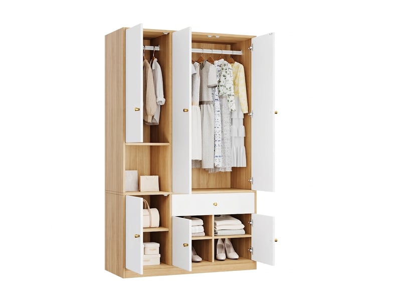 Armoire de chambre 3 portes avec 2 penderies, tiroir et étagères - 120x50x200 cm - blanc et bois - Conforama A