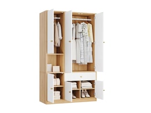 Armoire de chambre 3 portes avec 2 penderies, tiroir et étagères - 120x50x200 cm - blanc et bois