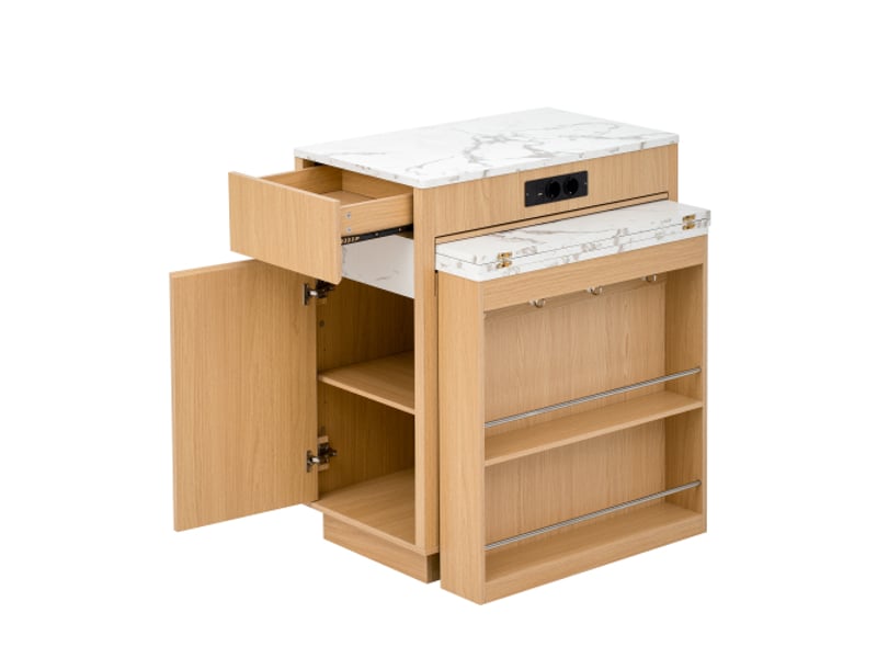 Îlot de cuisine mobile avec rallonge led, multiprise et crochets – buffetbar naturel - Conforama E
