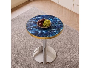 Table d'appoint ronde 60 cm bleu marbré, pied central en métal argenté et doré