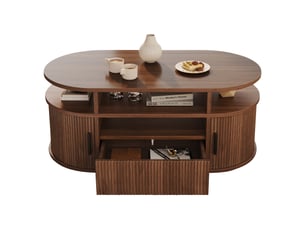 Table basse ovale 100x50x40 cm, 1 tiroir à ouverture par pression, 2 portes coulissantes, mdf et aggloméré, décor noyer